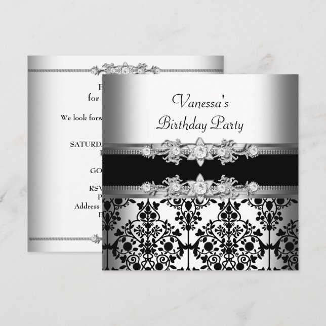 Invitation Fête d'anniversaire Noir Blanc Damas (Devant / Derrière)