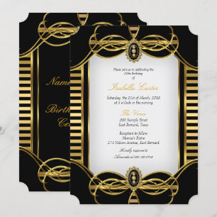 Invitation Fête d'anniversaire Noir Blanc Doré Rayure Art Déc