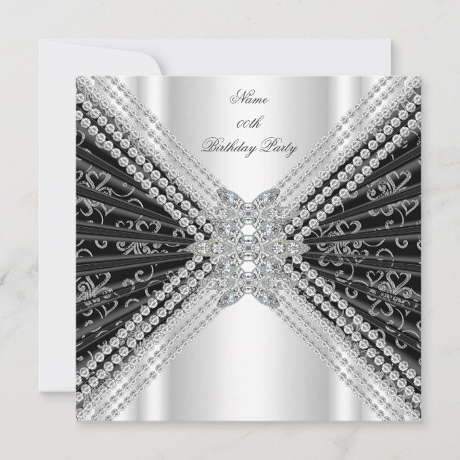 Invitation Fête d'anniversaire Noir Blanc Paillettes Diamant (Devant)