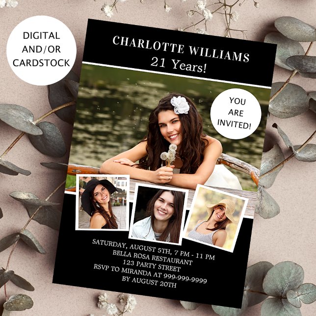 Invitation Fête d'anniversaire noir blanc photo collage (Créateur téléchargé)