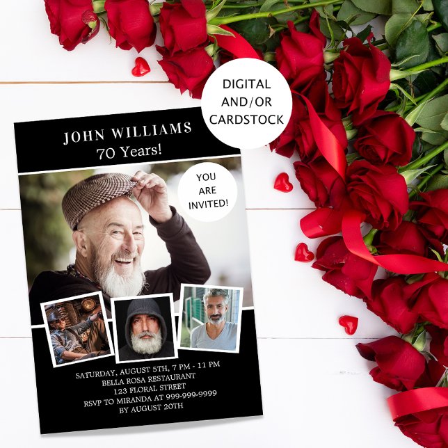 Invitation Fête d'anniversaire noir blanc photo collage (Créateur téléchargé)