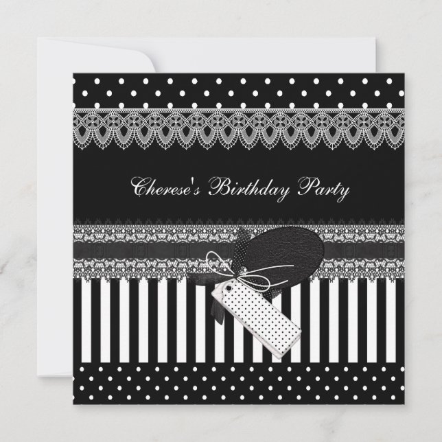 Invitation Fête d'anniversaire Noir Blanc Points Pois Rayures (Devant)
