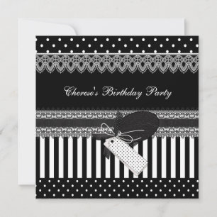 Invitation Fête d'anniversaire Noir Blanc Points Pois Rayures