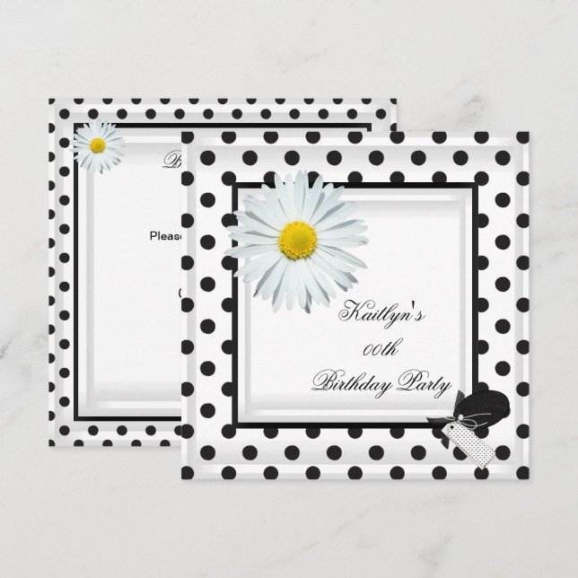 Invitation Fête d'anniversaire noir blanc pois daisy (Devant / Derrière)
