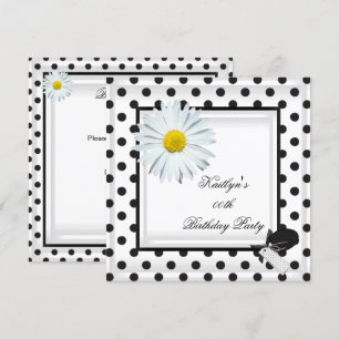 Invitation Fête d'anniversaire noir blanc pois daisy