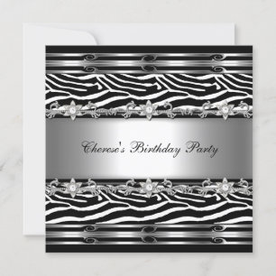 Invitation Fête d'anniversaire noir blanc Zèbre Bijou animal