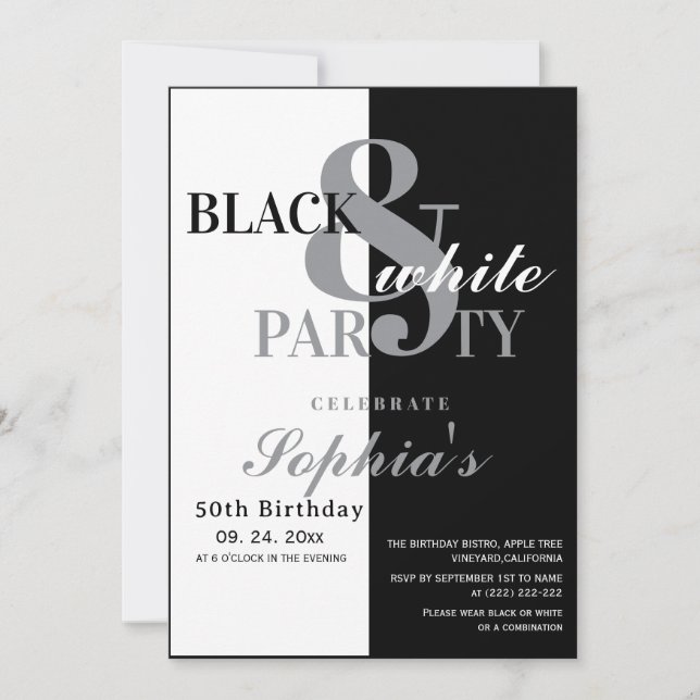 Invitation Fête d'anniversaire noir et blanc (Devant)