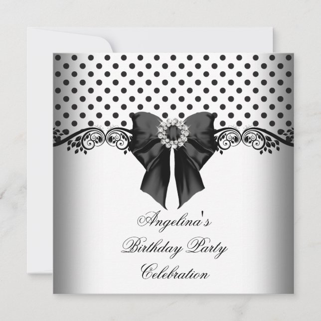 Invitation Fête d'anniversaire noir et blanc à pois (Devant)