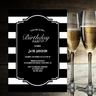 Invitation Fête d'anniversaire noir et blanc rayé