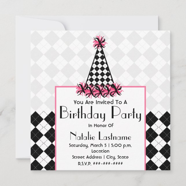 Invitation Fête d'anniversaire Noir et rose avec Casquette de (Devant)