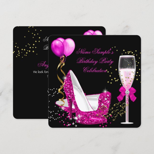 Invitation Fête d'anniversaire noir et rose chaud avec paille (Devant / Derrière)