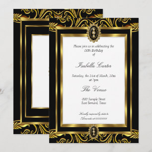 Invitation Fête d'anniversaire noir or baroque bijou blanc