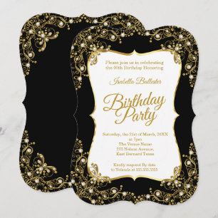 Invitation Fête d'anniversaire noir or blanc perles
