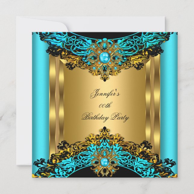 Invitation Fête d'anniversaire Noir Or Gemme Bleu sarcelle él (Devant)