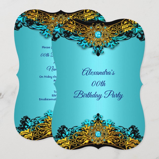Invitation Fête d'anniversaire Noir Or Perle Bleu sarcelle él (Devant / Derrière)