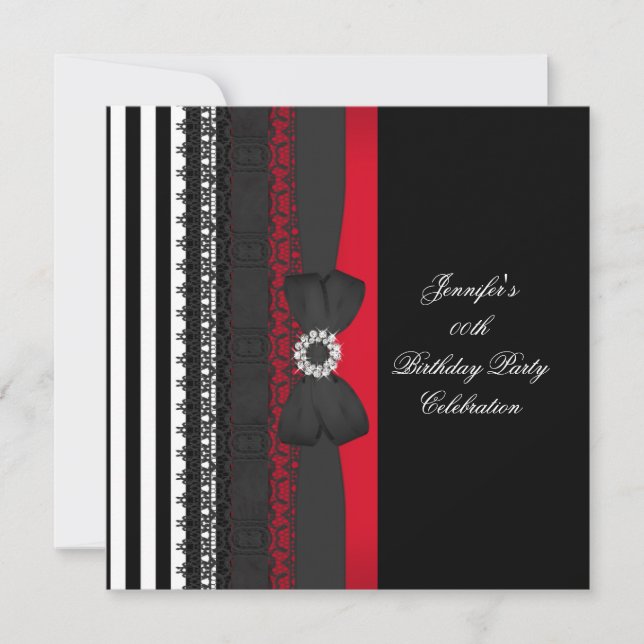 Invitation Fête d'anniversaire noir rouge blanc rayure nœud (Devant)