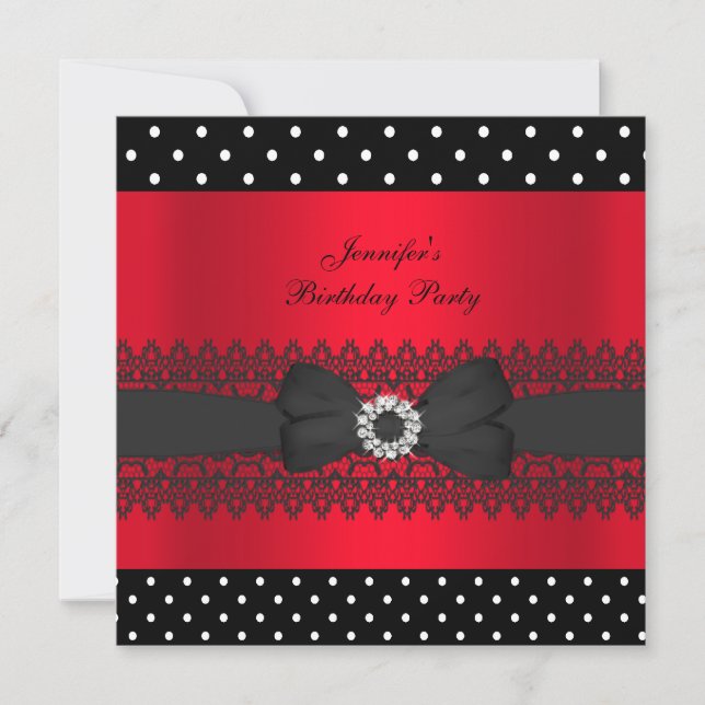 Invitation Fête d'anniversaire Noir Rouge Points Bow (Devant)