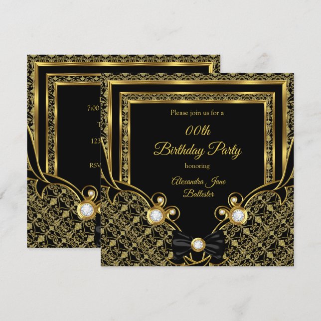 Invitation Fête d'anniversaire Noir Ruban Diamant Or Damas (Devant / Derrière)