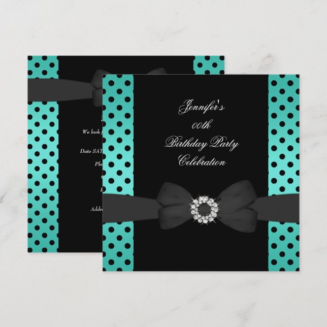 Invitation Fête d'anniversaire Noir sarcelle pois nœud (Devant / Derrière)