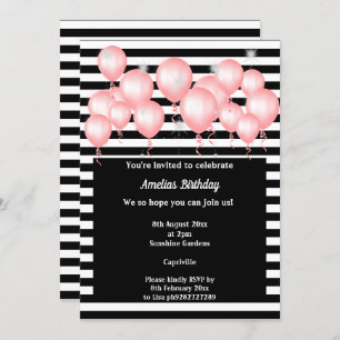 INVITATION FÊTE D'ANNIVERSAIRE NOIR STRIPE ROSE BALLOON