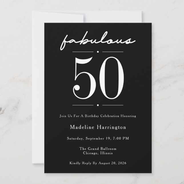 Invitation Fête d'anniversaire noire 50 ans et fabuleuse (Devant)