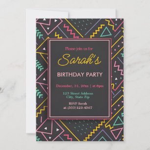 Invitation Fête d'anniversaire noire et rétro colorée