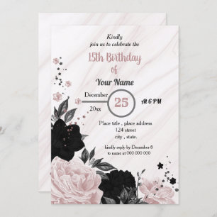 Invitation Fête d'anniversaire noire et rose douce