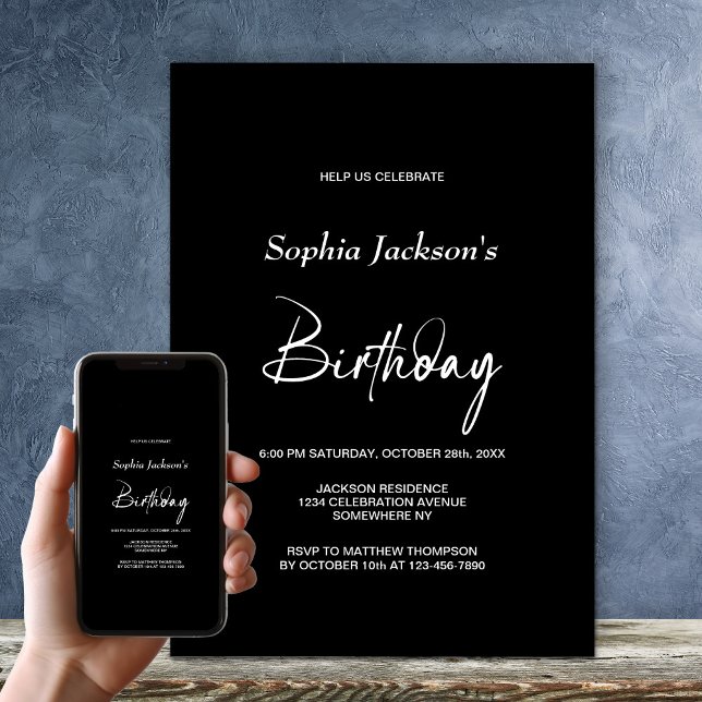 Invitation Fête d'anniversaire noire minimaliste (Créateur téléchargé)