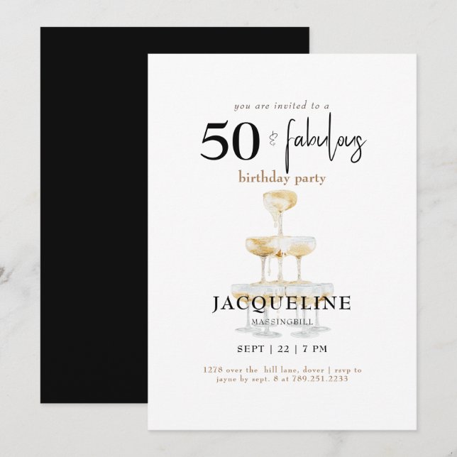 Invitation Fête d'anniversaire noire moderne 50 ans & Fabuleu (Devant / Derrière)