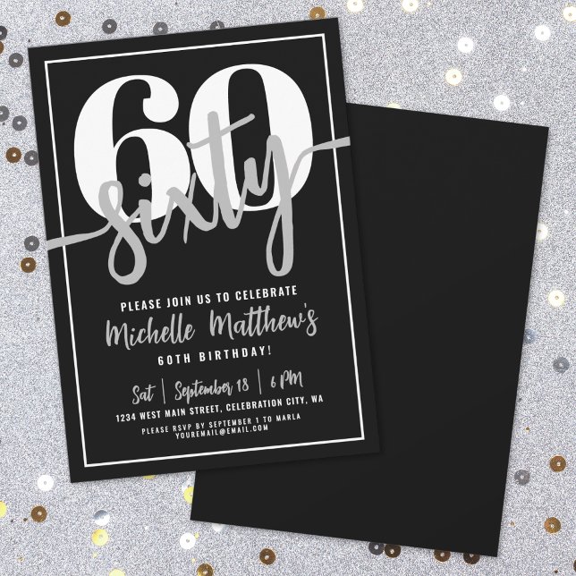 Invitation Fête d'anniversaire noire moderne pour les 60 ans (Modern Black 60th Birthday Party Invitation )