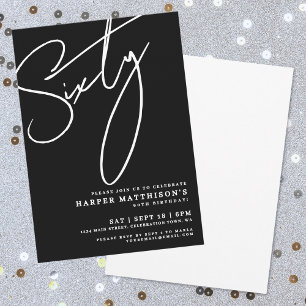 Invitation Fête d'anniversaire noire moderne pour soixantenai
