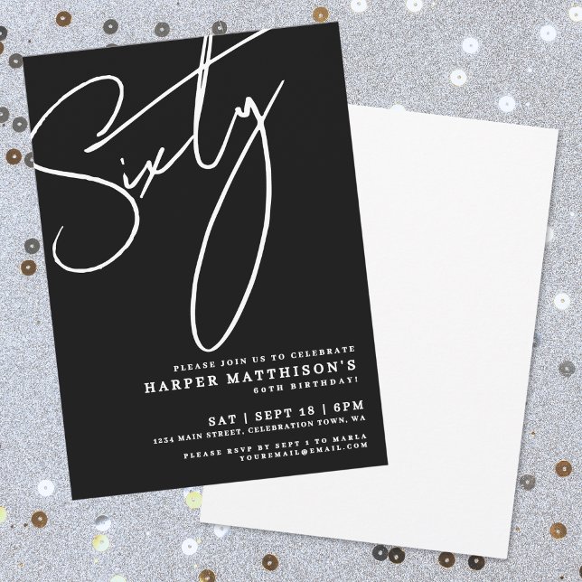 Invitation Fête d'anniversaire noire moderne pour soixantenai (Modern Black 60th Birthday Party Invitation)