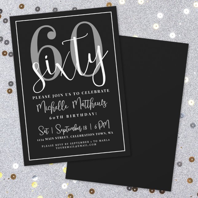 Invitation Fête d'anniversaire noire moderne pour soixantième (Modern Black 60th Birthday Party Invitation)