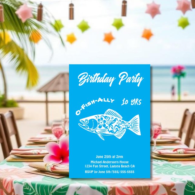 Invitation Fête d'anniversaire-O-Fish-ally poisson hawaïen (Aloha Trout Fisherman Trend Hawaiian Fish Beach Summer Pool Birthday Party invitation light blue)