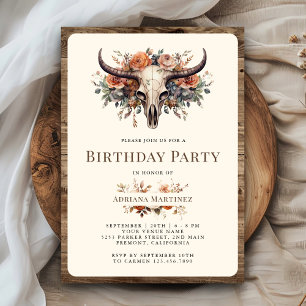 Invitation Fête d'anniversaire occidentale crâne de vache flo