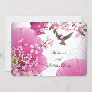 Invitation Fête d'anniversaire oiseau asiatique à fleurs rose