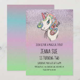 Invitation Fête d'anniversaire ombré licorne dessinée à la ma