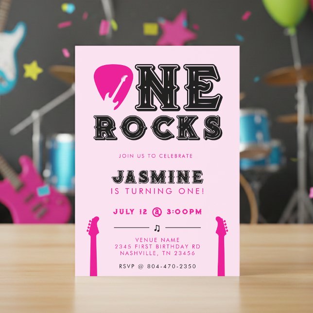 Invitation Fête d'anniversaire One Rocks médiator rose 1 an (Créateur téléchargé)
