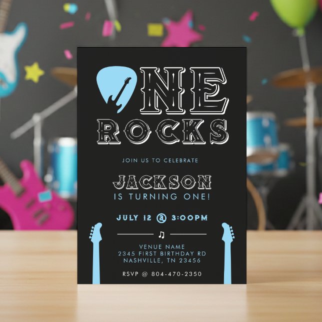 Invitation Fête d'anniversaire One Rocks Plectre Bleu 1 an (One Rocks Guitar Pick Blue 1st Birthday Party Invitation
)