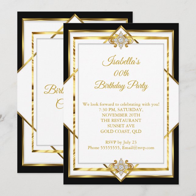 Invitation Fête d'anniversaire Or Blanc Noir Diamant (Devant / Derrière)