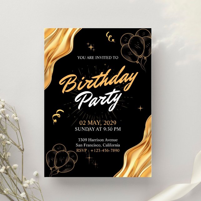Invitation Fête d'anniversaire Or et Noir (Créateur téléchargé)