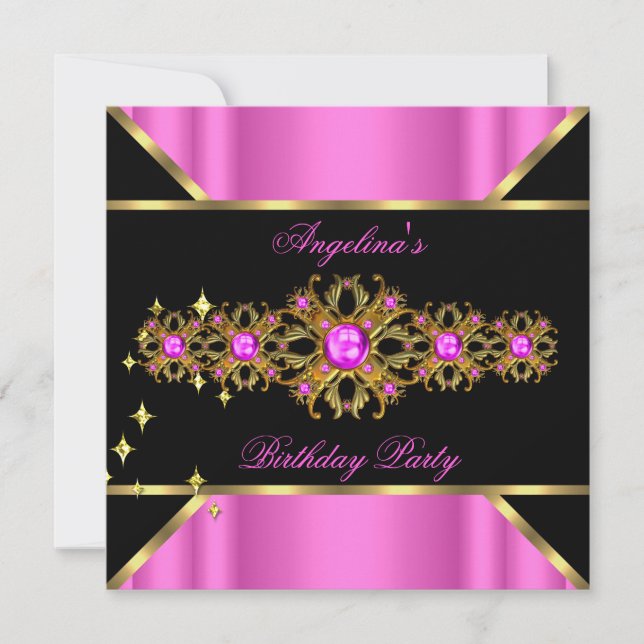 Invitation Fête d'anniversaire Or Noir Bijou Rose Chaud (Devant)