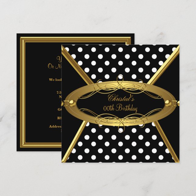 Invitation Fête d'anniversaire or noir blanc pois (Devant / Derrière)