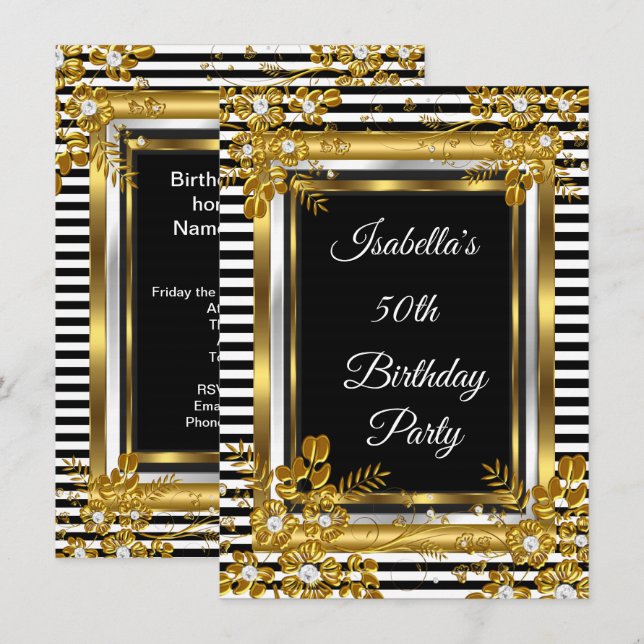 Invitation Fête d'anniversaire Or Noir Blanc Rayure Floral (Devant / Derrière)