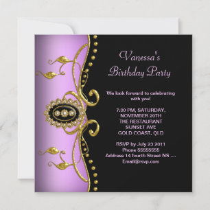Invitation Fête d'anniversaire Or Noir Lilas Rose