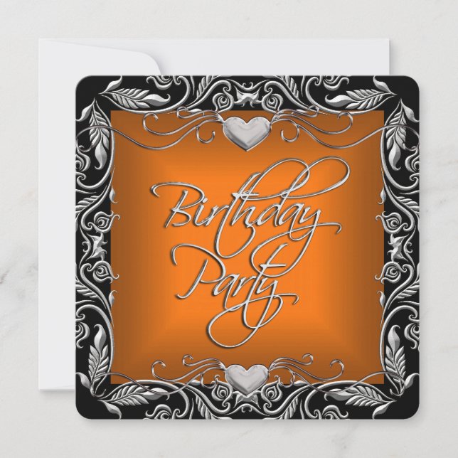 Invitation Fête d'anniversaire Orange Brûlé Argent Noir (Devant)