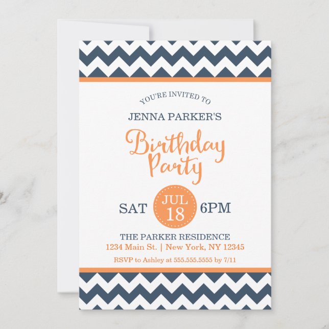 Invitation Fête d'anniversaire Orange Chevron de la marine mo (Devant)