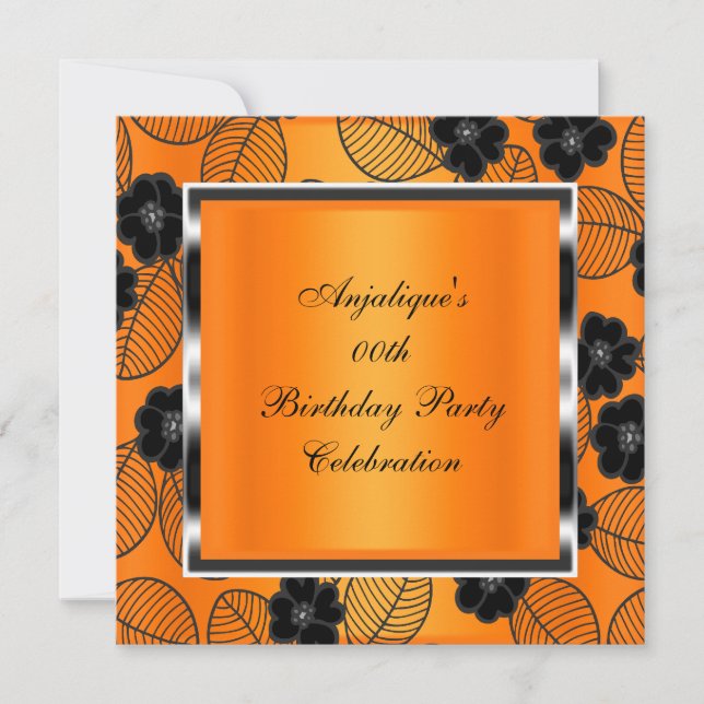 Invitation Fête d'anniversaire Orange Damassé Argent Noir (Devant)