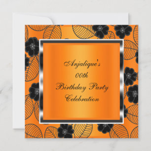 Invitation Fête d'anniversaire Orange Damassé Argent Noir