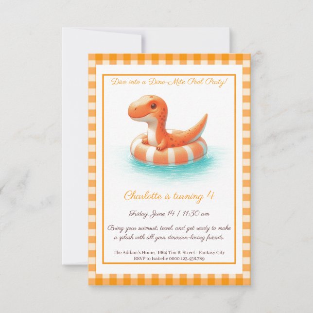 Invitation Fête d'anniversaire Orange Dino Pool Party – Invit (Devant)